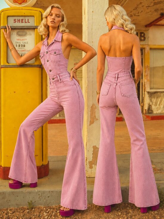 bebe Pants - 💋🦋UBER GORGE!💋🦋 Y2K Halter Flare Leg Jumpsuit in Acid Wash Pink Denim